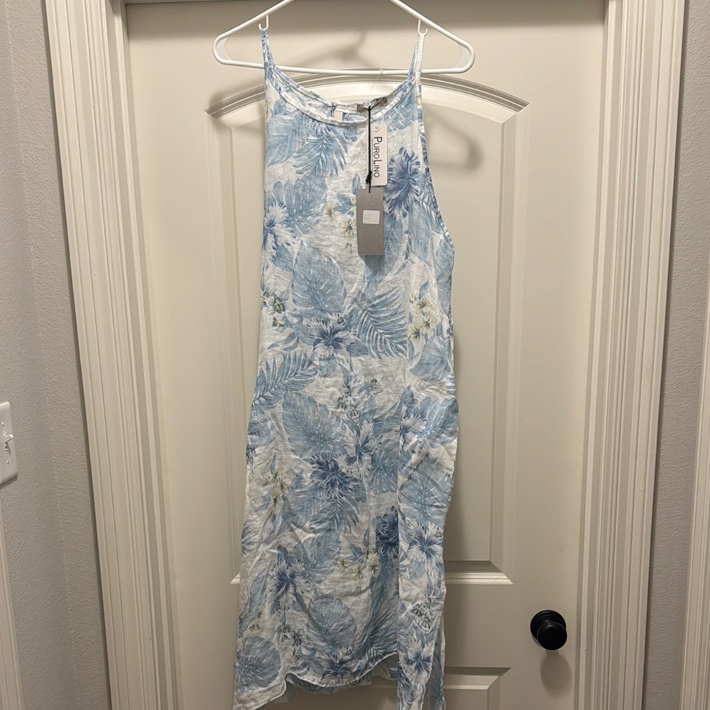 Tropical Blue and White Leaf Print Dress